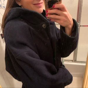 Vintage Braetan Wool Hooded Button-Up Coat - Classic Navy with Green Trim